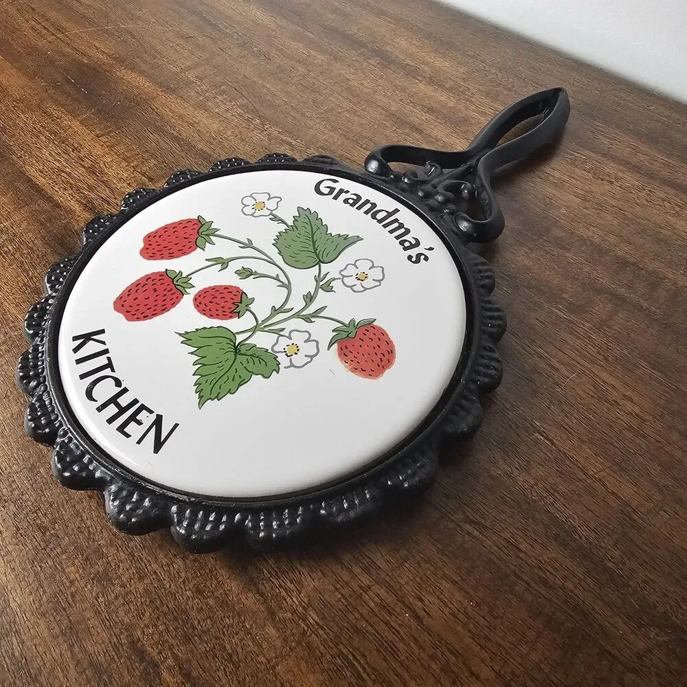 Vintage Grandma’s Kitchen Strawberry Cast Iron & Ceramic Trivet